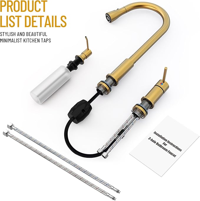 Brass Gold Kitchen Faucet 3 Hole with Soap Dispenser, Gold Kitchen Faucet with Pull Down Sprayer and Separate Single Side Handle 3 Pieces, Stainless Steel High Arc Kitchen Sink Faucet