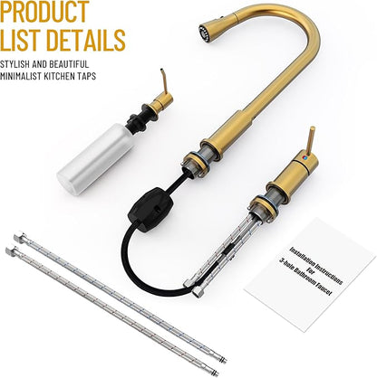 Brass Gold Kitchen Faucet 3 Hole with Soap Dispenser, Gold Kitchen Faucet with Pull Down Sprayer and Separate Single Side Handle 3 Pieces, Stainless Steel High Arc Kitchen Sink Faucet