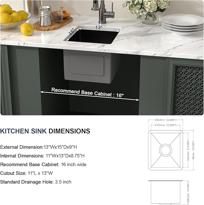 Lordear Black Undermount Bar Sink 13 x15 x 9 Inch Bar Prep Sinks Gunmetal Black Stainless Steel Handmade Kitchen Sink Basin