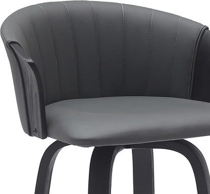 Armen Living Diana 26" Seat Height Mid Century Modern Swivel Black Wood Bar Stool for Kitchen Island Counter in Gray Faux Leather