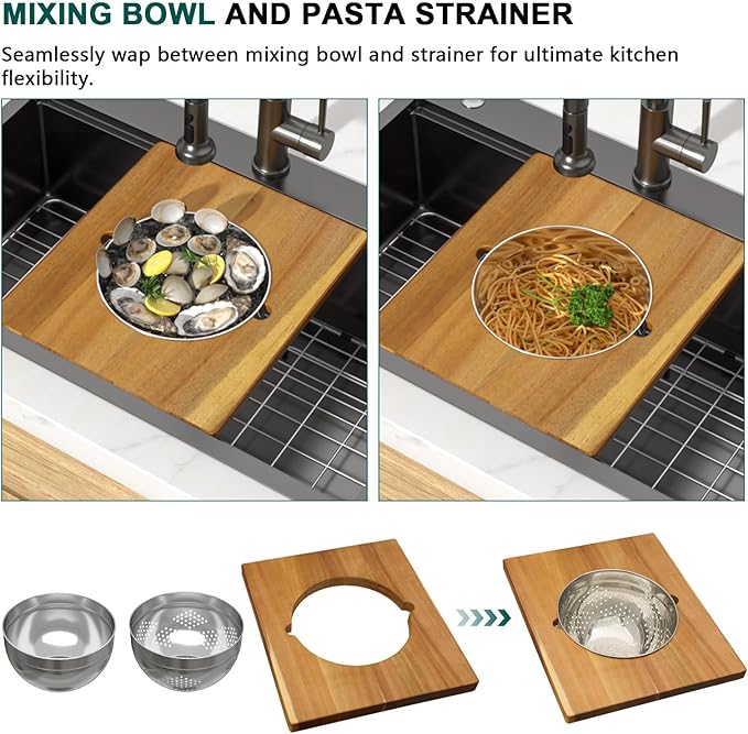 36x22 Inch Drop In Black Kitchen Sink - Workstation 16 Gauge 304 Stainless Steel Single Bowl Handmade Large Two-Holes Sink with Mixing Bowl, Pasta Strainer, and Cutting Board #TLT-0056