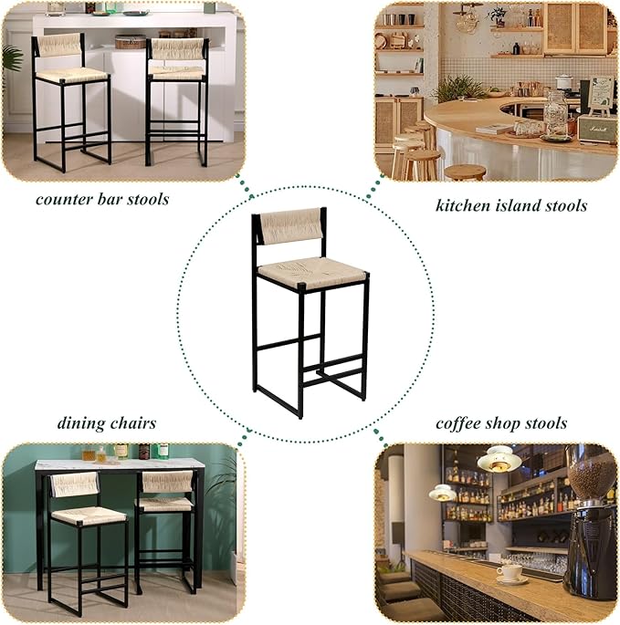 Creamy White，Honey，Gray Paper Rope Woven Stools Set of 2 Hand Weave Counter Chairs with Footrest for Kitchen Island, Dining Room