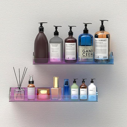 Bakzon 2 Pack Acrylic Shelves for Wall Storage, 15" Floating Shelves, Kids Bookshelf, Nail Polish Holder, Perfume Display Shelf Organizer for Bathroom, Bedroom, Living Room, Iridescent