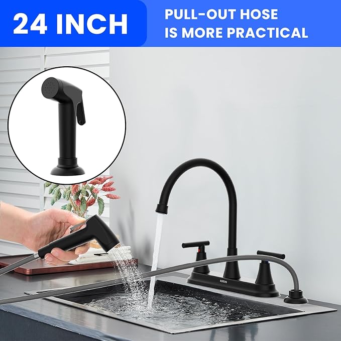 HURRAN 2-Handle Kitchen Faucet with Pull-Out Side Sprayer, 8 Inch High Arch Stainless Steel 360°Rotating Kitchen Sink Faucet, 4 Hole Faucet for Kitchen Bar Rv Camper, Black