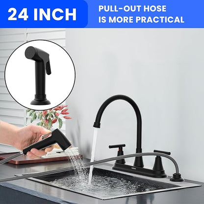 HURRAN 2-Handle Kitchen Faucet with Pull-Out Side Sprayer, 8 Inch High Arch Stainless Steel 360°Rotating Kitchen Sink Faucet, 4 Hole Faucet for Kitchen Bar Rv Camper, Black