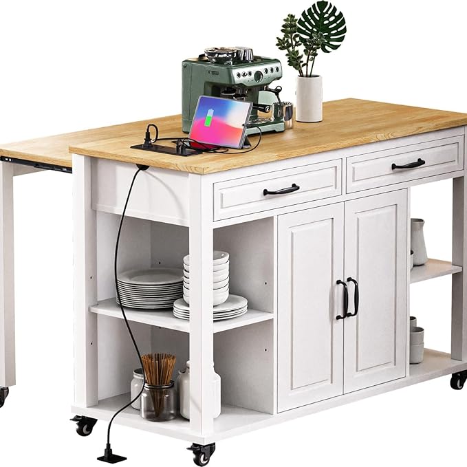 Versatile Kitchen Island Cart with Extendable Dining Table, Ample Storage, Built-in Power Outlet, and Adjustable Shelves - White and Natural Wood