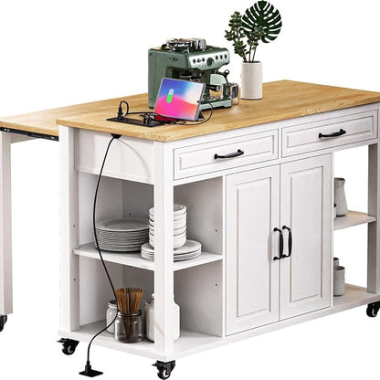 Versatile Kitchen Island Cart with Extendable Dining Table, Ample Storage, Built-in Power Outlet, and Adjustable Shelves - White and Natural Wood