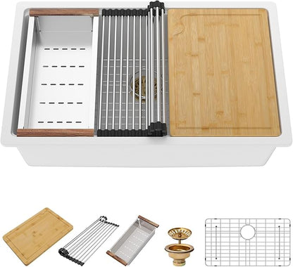 30 Inch White Undermount Kitchen Sink - Beslend 30x19x10 Inch Granite Composite Undermount Sink Under counter Quartz Workstation Sinks with Single Ledge Elegant Single Bowl Dish Basin