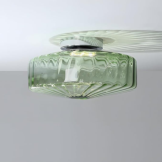 Bofea-Modern Green Ceiling Light Fixture Vintage Glass Flush Mount Ceiling Light Farmhouse Semi Flush Mount Lights Fixtures with Drum Glass Shade,Green Flush Lamp for Hallway Bedroom Foyer Bathroom