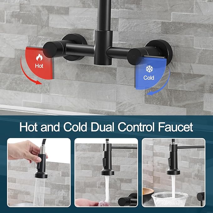 AIMADI Wall Mount Kitchen Faucet,Matte Black Kitchen Sink Faucet with Pull Down Sprayer,8 inch 2 Handle Commercial Faucet for Kitchen Laundry Room Restaurant