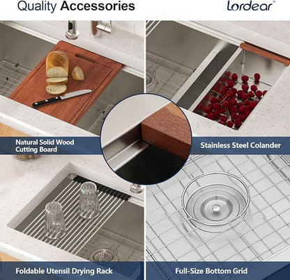 Lordear 33 Inch Stainless Steel Double Bowl Kitchen Sinks16 Gauge T304 Undermount Kitchen Sinks Workstation Sink 60/40 Low Divide Handmade Kitchen Sink 33" x19" x10"