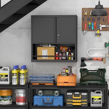 IRONFFICE Garage Storage Cabinets,Metal Wall Cabinet with Doors and Shelves,Locking Storage Cabinet for Workshop,Warehouse,Home Office,Black