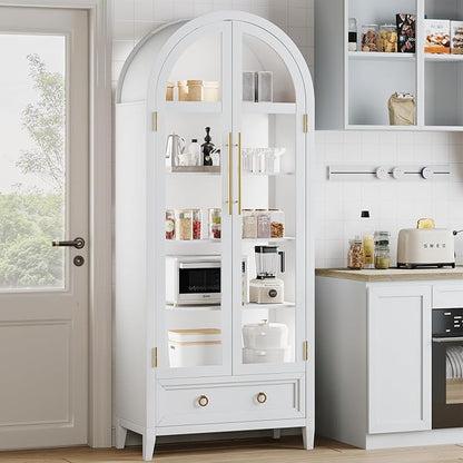 HNEBC Book Shelf with LED Lights, Arched Display Case with Storage Cabinet, Smart File Cabinet with Glass Door, Curio Cabinet with Solid Wood Legs for Home Office/Bedroom Furnniture-White