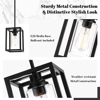 Matte Black Farmhouse Pendant Light Fixtures, Industrial Kitchen Island Light, Rectangle Linear Metal Hanging Lighting Fixture Ceiling Mount with Clear Glass Shade E26 Base for Dining Room, 2 Pack