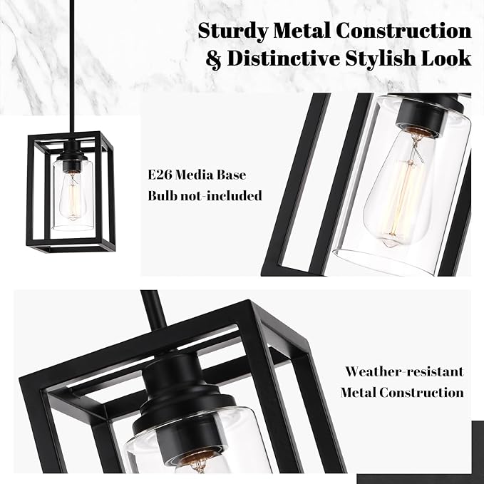 Matte Black Farmhouse Pendant Light Fixtures, Pendant Lights for Kitchen Island, Rectangle Linear Metal Hanging Lighting Fixture Ceiling Mount with Clear Glass Shade E26 Base for Dining Room, 3 Pack