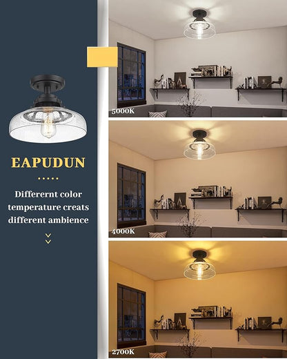 EAPUDUN Farmhouse Semi Flush Mount Ceiling Light, Black Industrial Ceiling Lighting,1-Light,Seeded Glass Shade, Ideal for Kitchen, Corridor, Bedroom, Foyer, Hallway, and Entryway,SMA1307-MBK