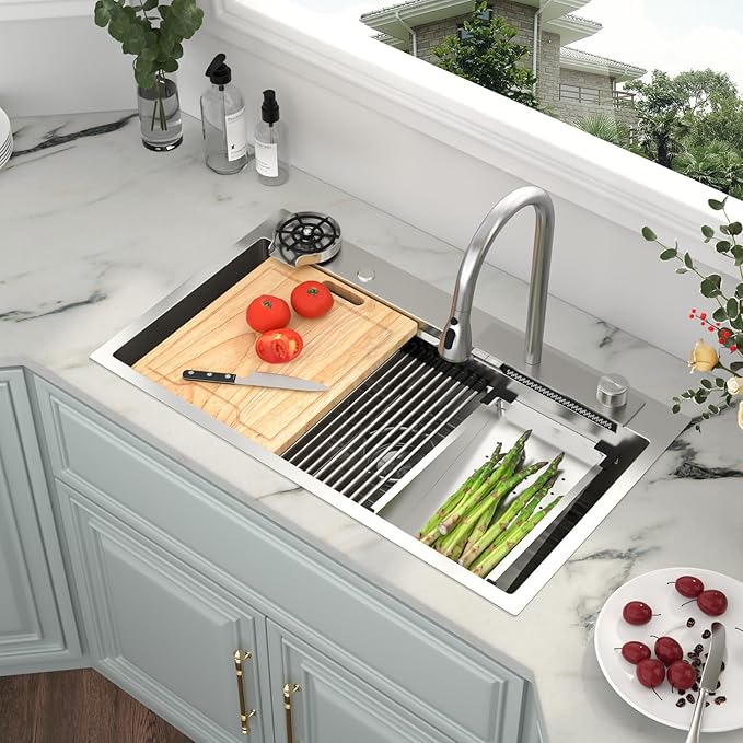 Kichae 33x19 Drop In Kitchen Sink Waterfall - Workstation Kitchen Sink Waterfall Stainless Steel 16 Gauge Luxury Handmade Single Bowl Sinks with Faucet Combo & Glass Rinser