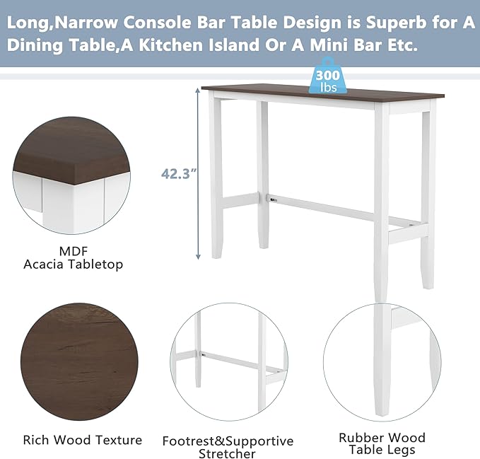 Farmhouse Rustic 3-Piece Counter Height Wood Kitchen Dining Sets, Home Bar Pub Kitchen Set, 48'' Long Bar Table with 2 Upholstery Chairs for Small Places