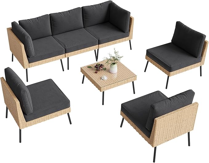 Aoxun 7-Piece Patio Furniture Set, Wicker Outdoor Furniture with Water Resistant Thick Cushions, Patio Conversation Set Outdoor Sectional Sofa with Coffee Table for Backyard Poolside, Black
