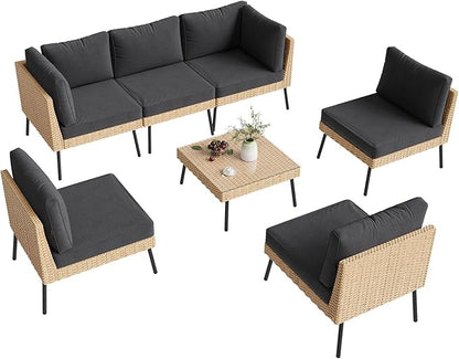Aoxun 7-Piece Patio Furniture Set, Wicker Outdoor Furniture with Water Resistant Thick Cushions, Patio Conversation Set Outdoor Sectional Sofa with Coffee Table for Backyard Poolside, Black