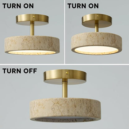 Wabi Sabi 8-inch Yellow Travertine Ceiling Light Fixture - Japanese Semi Flush Mount light with Brushde Gold Metal Base, Hardwired Stone Lamp for Bathroom, Kitchen, Bedroom, Hallway & Entryway