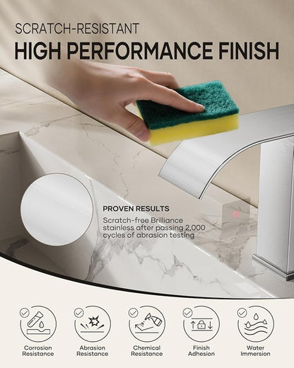 AVSIILE Waterfall Bathroom Faucet 3 Hole, Brushed Nickel 8 Inch Widespread Modern 3 Piece Bathroom Sink Faucet, Touch On Lavatory Faucet for Vanity RV Restroom, Curved Spout