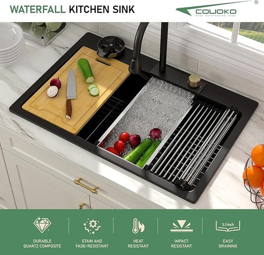 33x22 Drop In Waterfall Kitchen Sink Black 33 Inch Granite Composite Smart Kitchen Sink Multifunction Single Bowl Top Mount Black Multifunctional Waterfall Smart Sinks with Faucet Combo Glass Rinser