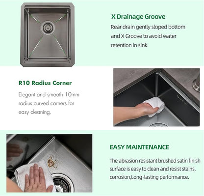Undermount Kitchen Sink, 15 x 17 x 10 Inch Bar Sink 16 Gauge Gunmetal Black Stainless Steel Small Sink Kitchen Single Bowl Workstation with Cutting Board