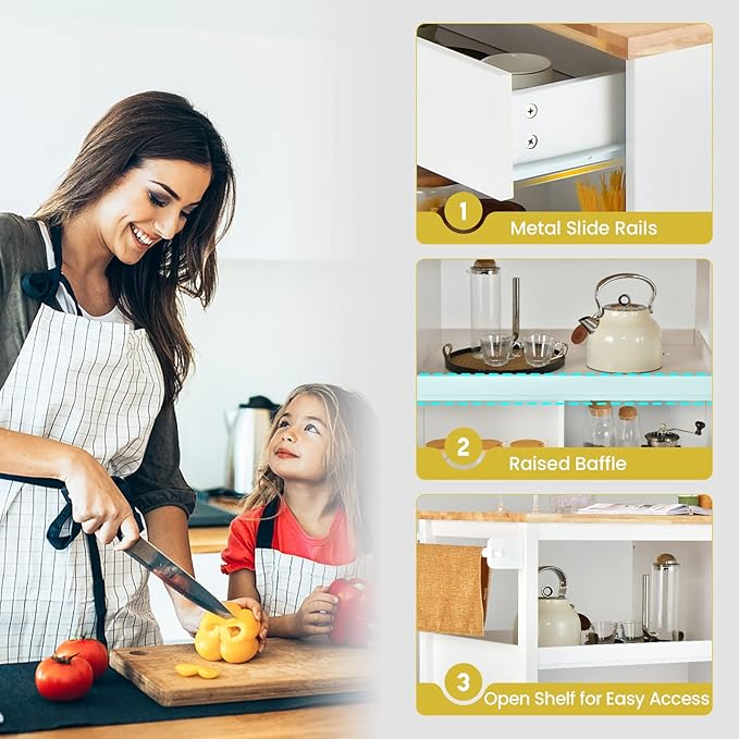 Giantex Kitchen Island Cart on Wheels, Rolling Island Table with Rubber Wood Top, Drawer, 3 Tier Spice Rack, 8 Storage Shelf & Cube, Serving Cart for Dining Room Bar, 46"x23.5"x39" White