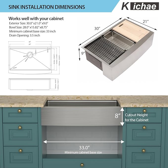 Kichae 30 Inch Farmhouse Sink Stainless Steel Apron Front Farm Sink for Kitchen, Undermount Workstation with Integrated Ledge 30x22 Deep Single Bowl