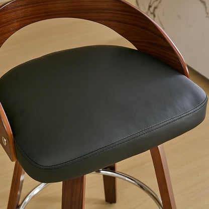 Bar Stools Set of 2, Mid Century Modern Swivel Stools with Low Back, 25" Counter Height Wooden Bar Chairs with Soft Faux Leather Cushion, for Kitchen Island, Bar & Home,Black