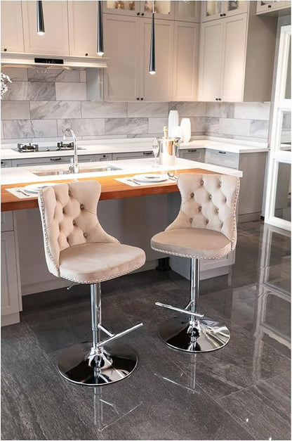 Swivel Velvet Barstools Adjusatble Seat Height from 25-33 Inch, Modern Upholstered Chrome Base Bar Stools with Backs Comfortable Tufted for Home Pub and Kitchen Island（Khaki,Set of 2）,for Living Room