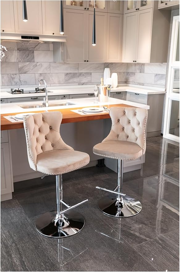 Swivel Velvet Barstools Adjusatble Seat Height from 25-33 Inch, Modern Upholstered Chrome Base Bar Stools with Backs Comfortable Tufted for Home Pub and Kitchen Island（Khaki,Set of 2）