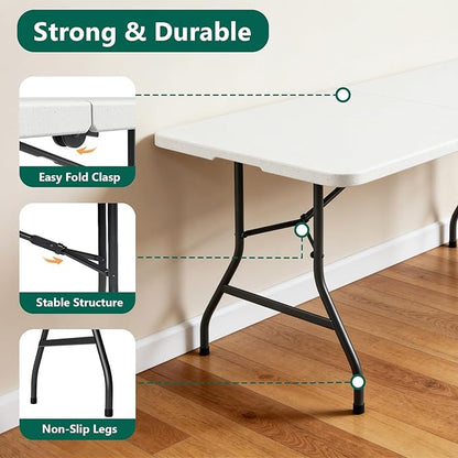 6ft Folding Table with Handle, Heavy Duty Plastic Table, 300 lbs Portable Table, Reinforced Steel Legs, High Density Plastic, Ideal for Parties, Picnics, Weddings, Camping White