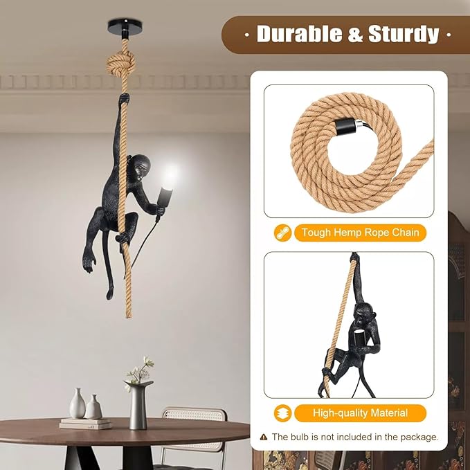Vintage Monkey Pendant Light, Retro Resin Hemp Rope Monkey Lamp, Creative Monkey Chandelier E26 for Dining Living Room Bedroom Bar Cafe Decorative Hanging Lamp, Black (Black)