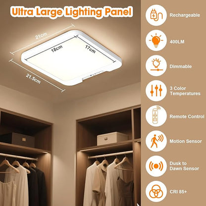 Rechargeable Ceiling Light with Motion Sensor & Remote, 3 Color Temperature (3000K/4500K/6500K), Timer & USB-C Battery Operated for Bathroom Shower Stairs Hallway Garage Pantry Porch (1 Pack)