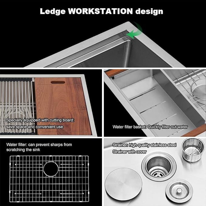 Sarlai 33 Farmhouse Sink Double Bowl - 33x22 Inch Farm Kitchen Sink Ledge Workstation Low Divide Two Basin 50/50 16 Gauge Stainless Steel Apron Front Farmer Sinks with Accessories