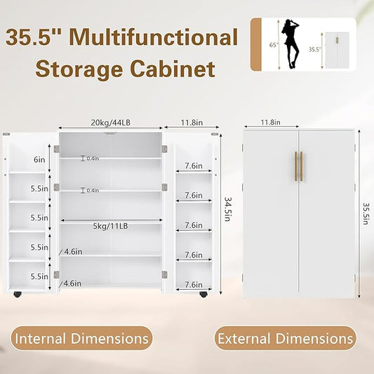 VECELO 35.5” Small Kitchen Pantry Storage Cabinet with 2 Doors and Adjustable Shelves, Food Storage Freestanding Cupboard for Dining Room, Living Room
