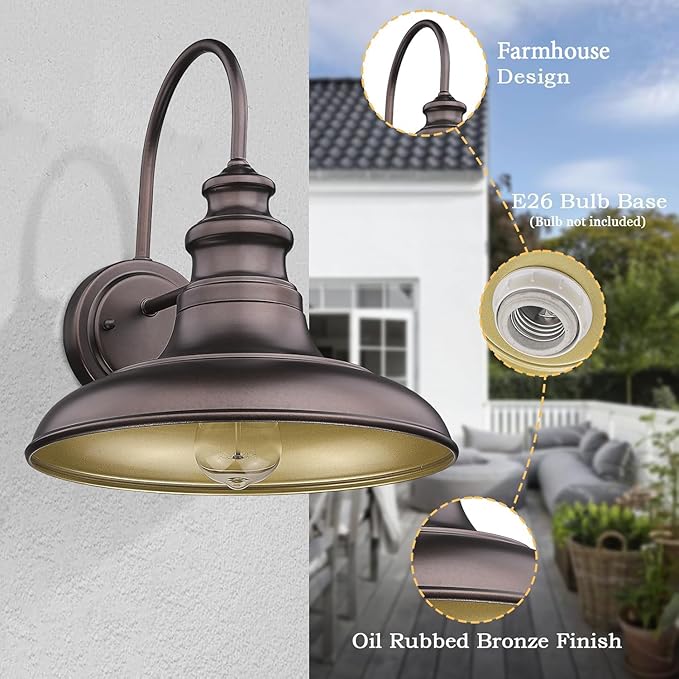Outdoor Barn Light Fixture Farmhouse Wall Mount Light Wall Sconce Exterior Wall Lighting Fixture Industrial Bronze Finish Lantern for Porch with Gold Interior, 4Pack, RZ004-4PACK ORB
