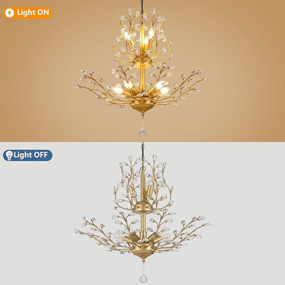 Gold Crystal Chandelier, Farmhouse 8-Light Large Branch Pendant Light with Adjustable Chain, 2-Tier Vintage Flower Ceiling Hanging Chandelier for Dining Room, Living Room, Kitchen, Hallway