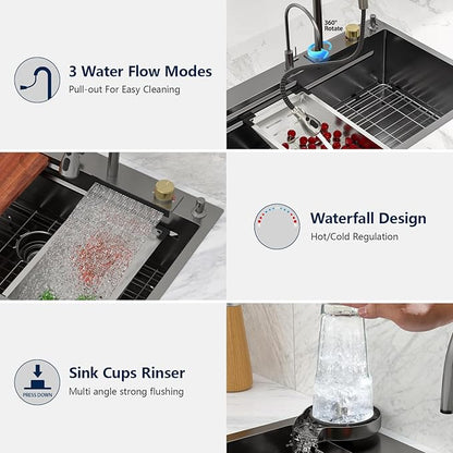 Logmey 33 Inch Waterfall Kitchen Sink Black Workstation Smart Sinks 33x22x9 Inch Drop In Kitchen Sink with faucet Combo Stainless Steel 16-Gauge Single Bowl Topmount Sinks