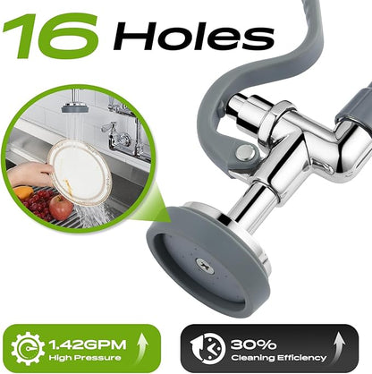 42" Height Commercial Sink Faucet with Sprayer, 8 Inch Center Wall Mount Kitchen Sink Faucet with Down Pre-Rinse Sprayer, Compartment Sink Faucet with 12" Swivel Spout for Restaurant