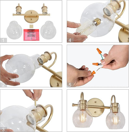 KSANA 2-Light Vanity Light with Globe Clear Glass Shade, Gold Vanity Lights for Bathroom, Powder Room, 13" L x 7" W x 9" H
