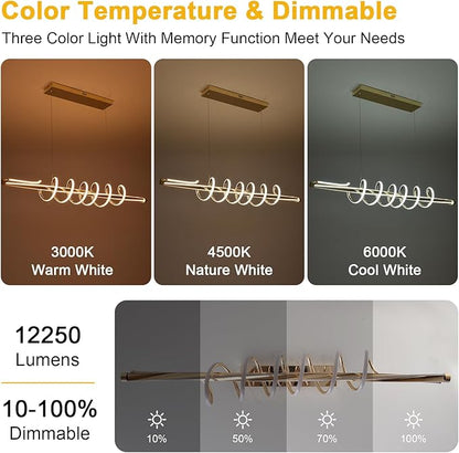 Gold Led Chandelier for Dining Room,Modern LED Chandelier Dining Room Lighting Fixture Dimmable with Remote,Minimalist Kitchen Island Lighting Ceiling Hanging Height Adjustable Music Note Design