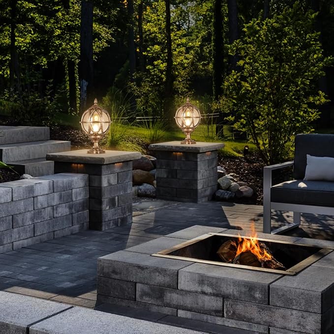 Outdoor Post Light Fixture, E26 Base 60W Max Column Lights with Bronze Aluminum Housing Plus Amber Glass IP55 Waterproof Exterior Pillar Lantern for Driveway Yard Lawn Patio Garden