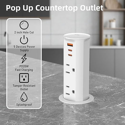 ANNQUAN 2 inch Pop Up Outlet for Countertop with 20W USB Ports,2 Outlets Tamper Resistant,Splashproof Pop Up Socket,Desk Power Grommet for Home Office Kitchen 3FT Cord (ETL Listed)