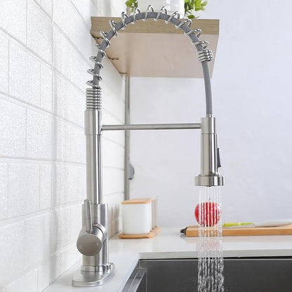 Friho Brushed Nickel Kitchen Faucets with Pull Down Sprayer, Stainless Steel Single Handle Kitchen Faucet, 1 Hole Or 3 Hole Dual Function Spring Pull Out Sink Faucets for Farmhouse RV Camper Laundry