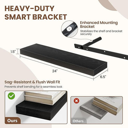 Acovy 24 Inch Floating Shelves for Wall 2 Pack, 24" Wall Shelves for Books, Storage, Decor, Wall Mounted Floating Shelf with Invisible Brackets for Kitchen, Living Room, Black