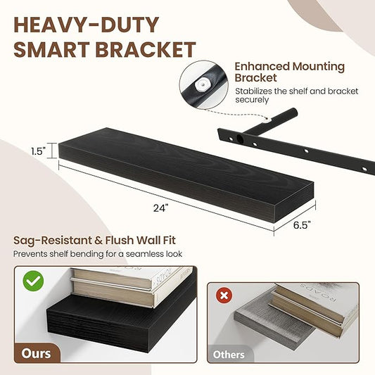 Acovy 24 Inch Floating Shelves for Wall 2 Pack, 24" Wall Shelves for Books, Storage, Decor, Wall Mounted Floating Shelf with Invisible Brackets for Kitchen, Living Room, Black