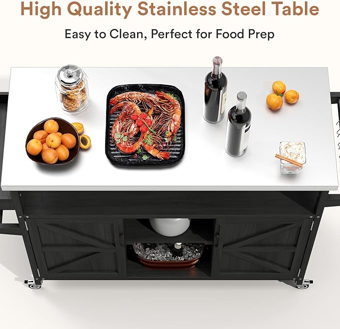 Zevemomo Outdoor Grill Cart, Stainless Steel Tabletop Outdoor Kitchen Island, Solid Wood Outdoor Buffet Cabinet with Lockable Wheels for Grilling, Black